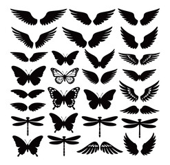 Butterfly and Dragonfly Wings Silhouettes Set. Vector Graphic Collection of Angel and Fairy Wings, Flying Insect Shapes.