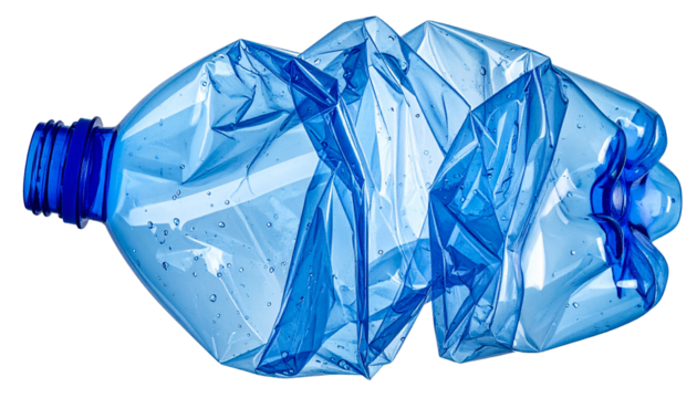 Crushed blue plastic bottle with folds and texture, isolated on white background. - Powered by Adobe