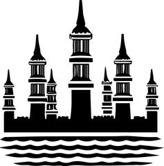 Fototapeta premium Castle with a large tower and a body of water in the background. The castle is tall and majestic, with a sense of grandeur and power. The water adds a sense of calmness and serenity to the scene