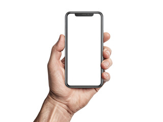Human hand holding modern smartphone with blank screen mobile device, Isolated, Png Transparent Background