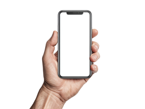 Human hand holding modern smartphone with blank screen mobile device, Isolated, Png Transparent Background