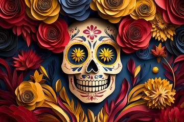 Day of the Dead background with paper skulls
