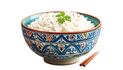Steaming rice served in a colorful patterned bowl, isolated on transparent background.