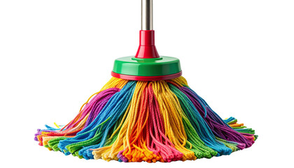 Colorful mop with bright cleaning strands and sturdy handle, isolated on transparent background PNG.