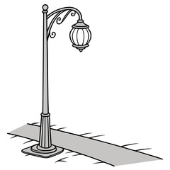 Illustration of a vintage street lamp with an ornate design, casting a shadow on the ground, the lamp is gray and black, and the shadow is gray
