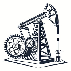 Illustration of an oil pump jack with gears, , representing the extraction of crude oil from the earth, a symbol of the petroleum industry and energy production
