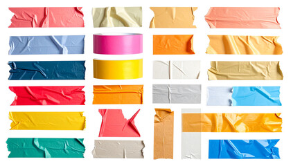 Set of colorful 3D adhesive tape pieces, including torn strips of masking and duct, isolated on transparent background.
