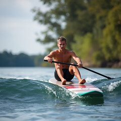Bodyboarder rowing over the water