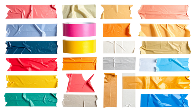 Set of colorful 3D adhesive tape pieces, including torn strips of masking and duct, isolated on transparent background. - Powered by Adobe