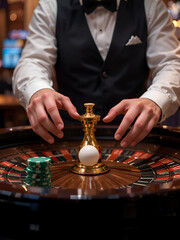 stacks of chips. gambling, casino roulette, bet on black in las vegas. white ball. croupier's hands