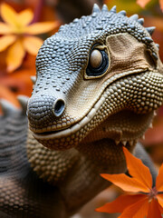 A close-up portrait of a Komodo dragon's scaly face, its keen eye and powerful jaw set against a backdrop of autumn-hued foliage, exuding prehistoric majesty