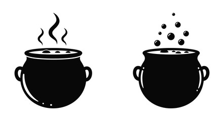 Two black cauldron illustrations with steam and bubbling contents shown
