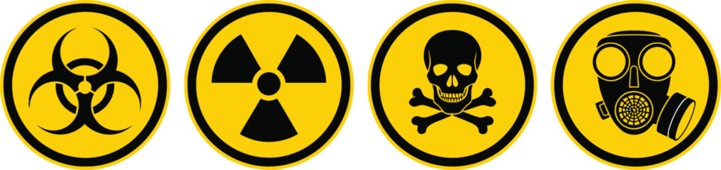 Fototapeta premium Hazard Symbols Set Biohazard, Radioactive, Skull and Crossbones, Gas Mask on White