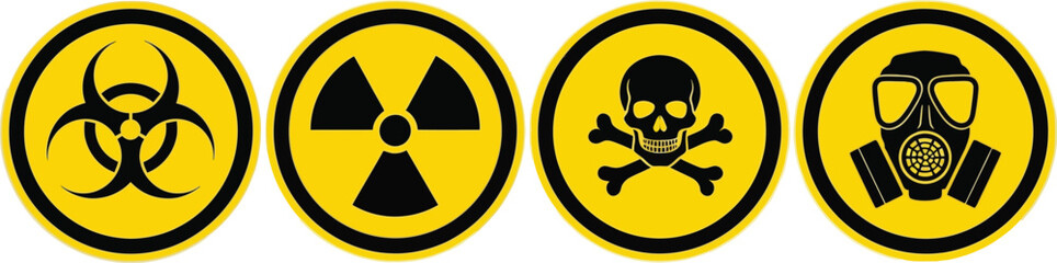 Hazard Symbols Biohazard, Radiation, Skull, Gas Mask on Yellow Round Sign