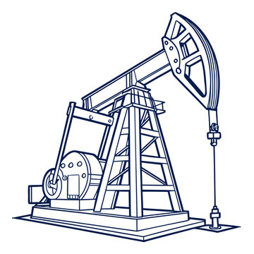Vector art of detailed line art illustration of an oil pump jack, also known as a nodding donkey, pumping unit, horsehead pump, beam pump, and grasshopper pump, in a technical style