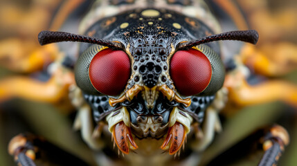 Macro cicada face compound eyes stare