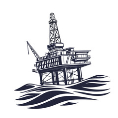 Illustration of an offshore oil rig platform in the ocean, representing energy production, industrial activity, and marine engineering in a stylized design
