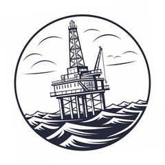 Vector art of monochrome emblem of offshore oil rig or platform in sea waves within a circle, vector illustration a striking design element for energy themes