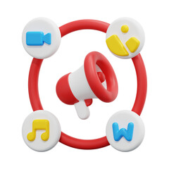 3D Media Communication Icon with Megaphone and Creative Content Symbols
