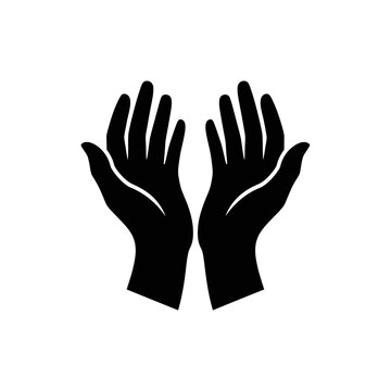 Minimalist black and white graphic illustration depicting two open human hands in a gesture of prayer, offering, or receiving, symbolizing hope and spirituality