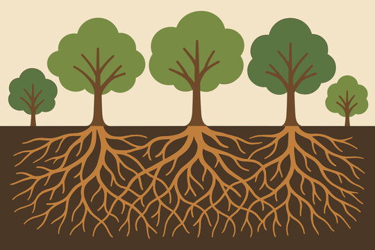 Tree trees connected intertwining multiple organic vector roots underground intertwined system illustration