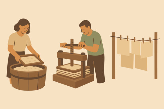 Drying papermaking sheets line flat process paper pressed illustration vector vat