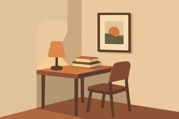 Workspace desk picture lamp stack framed books minimalist illustration vector cozy wall