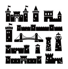 Fototapeta premium Castle and Fortress Silhouettes Set. Vector Collection of Medieval, Tower, Bridge, and Lighthouse Icons for Architecture and History.