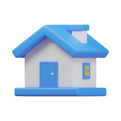 3D House Icon with Blue Roof, Door, and Yellow Window on White Walls

