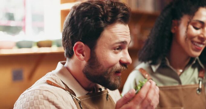 Cooking class, kitchen and couple smell herbs with fresh ingredients for culinary skills, cuisine and recipe. Lesson, tutorial and man with woman with vegetables, organic produce and food for meal - Powered by Adobe