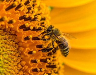 Honeybee on Sunflower, Close-up, Nature, Pollination.