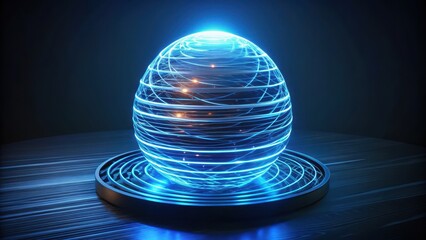 High quality photo of a futuristic glowing energy orb displaying digital data streams