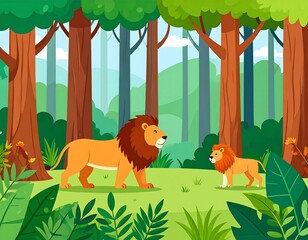 Majestic Lions in Lush Forest.