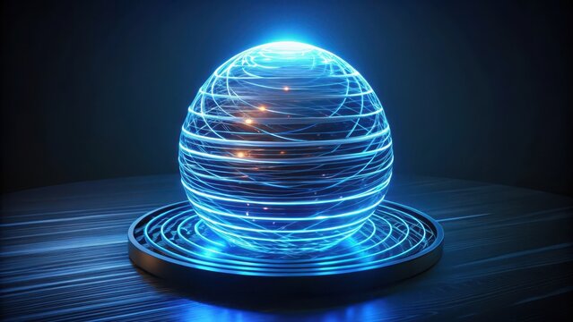 High quality photo of a futuristic glowing energy orb displaying digital data streams