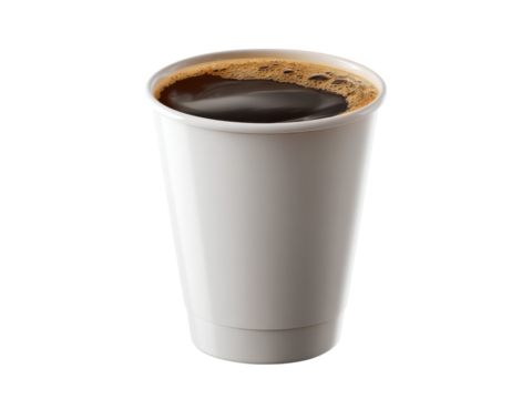 White paper cup filled with dark coffee and foam image, Isolated, Png Transparent Background