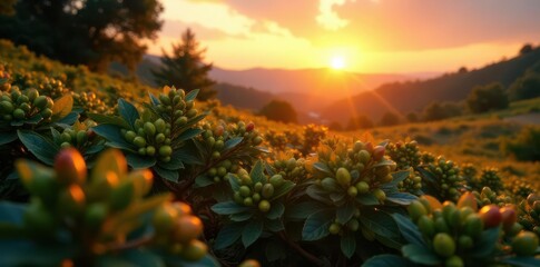 Coffee bushes illuminated by setting sun, vibrant hues , green, vibrant