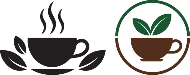 Black and brown coffee cups with green leaves and steam icons tea cup hot drink