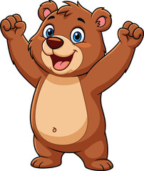 Cartoon brown bear with raised arms, joyful expression, blue eyes, beige belly, isolated vector illustration for kids and mascot use