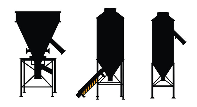 Silhouettes of industrial storage silos and hoppers in a linear arrangement