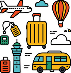 Airplane hot air balloon suitcase bus airport tower travel icons aircraft transportation