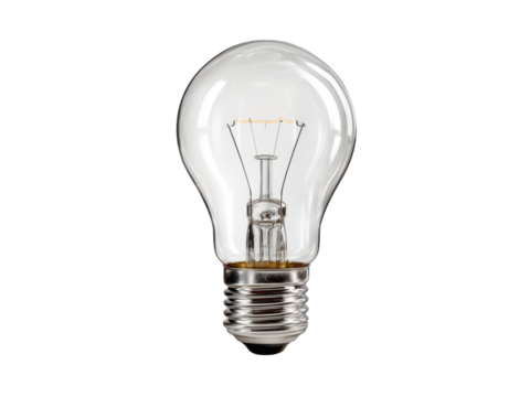 Clear glass incandescent light bulb with metal base filament, Isolated, Png Transparent Background - Powered by Adobe