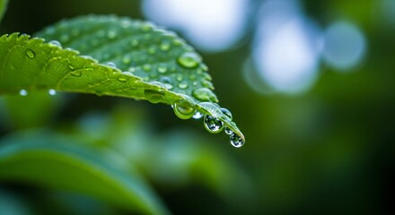 Macro shot of water droplets clinging to the edge of a fresh green leaf after rain. Sharp focus on the droplets, deep bokeh background, vibrant green and blue colors.