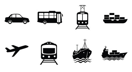 Various modes of transportation depicted in simple black and white icons