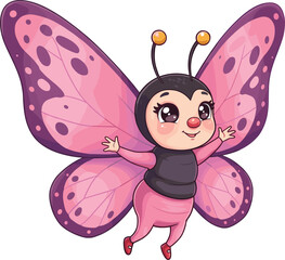 Cartoon butterfly character flying, cute insect design, pink wings, children’s vector illustration, whimsical bug art, playful educational image