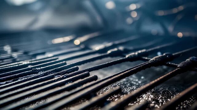 Focused view of galvanizing machinery dipping steel components into molten zinc showing detailed surface treatment against a softly blurred factory setting.
