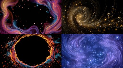 Four panels showcase abstract digital art swirling nebulae, a celestial spiral, a fiery ring, and starry space