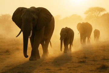 Majestic elephants walking through dusty savannah at sunset with golden light illuminating the background in a captivating wildlife concept scene. Ai generative