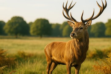Obraz premium Majestic deer standing in golden field with antlers glowing in warm sunlight, surrounded by trees and soft natural background at sunrise. Ai generative