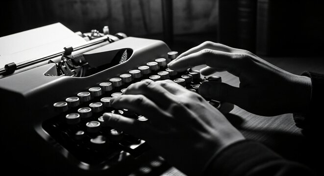 A close-up of a person's hand typing on a vintage manual typewriter. Focus is sharp on the keys and fingers. Dark, moody, film noir-inspired lighting.