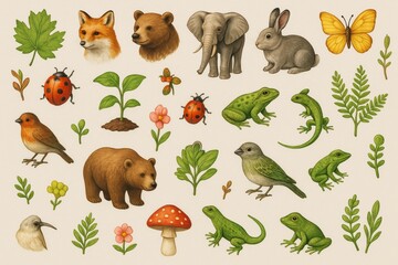 Fototapeta premium Collection of forest animals, insects, birds, plants, and mushrooms in light abstract style on neutral background. Ai generative. Ai generative